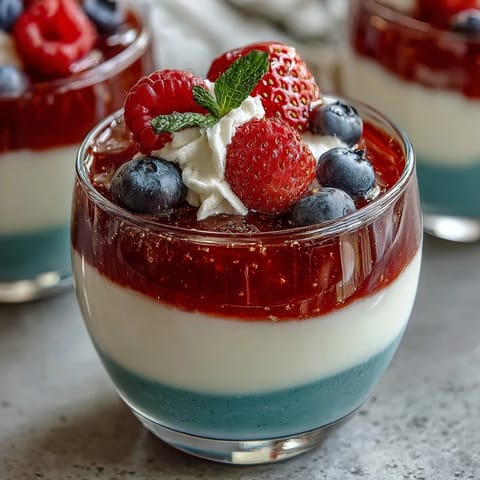 Festliche rote, weiße und blaue Jello-Schichten in klaren Tassen, perfekt für patriotische Feiern.