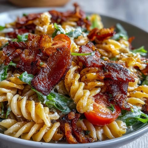 1. BLT Pasta Salad mit Speck und Avocado: Cremige Pasta mit knackigem Salat, reifen Tomaten und knusprigem Speck.  