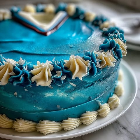 Kuchen in Sporttrikot-Form mit blauen und roten Akzenten, perfekt für eine festliche Abschlussfeier.