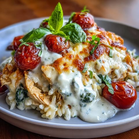 One-Pan Creamy Chicken Lasagna Orzo in a skillet with melted mozzarella, ricotta dollops, and fresh basil garnish.