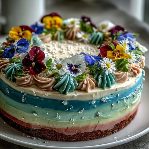 Pastell-Ombre-Frühlingskuchen mit floralem Topping: Zarter, mehrfarbiger Schichtkuchen mit zarter Buttercreme und essbaren Blüten.  