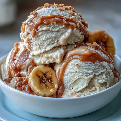 Cremiges 4-Zutaten-Erdnussbutter-Bananen-Eiscreme-Foto mit Löffel und Bananenscheiben.