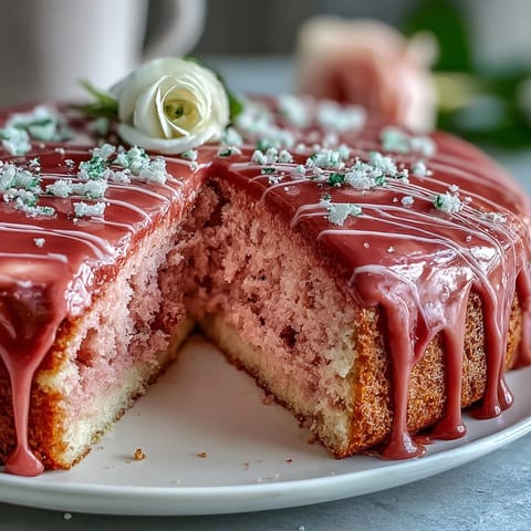 Bräutigamstorte in zartrosa mit cremiger Füllung und glänzender Goldtropfenglasur.  