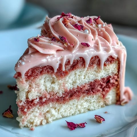 Elegante Rosé-Samtkuchen-Schichten mit glänzendem Gold-Drip servierfertig.