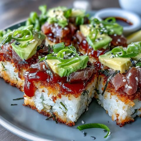 Knuspriger Reis-Salat mit Avocado und würzigem Thunfisch garniert mit Sesam.
