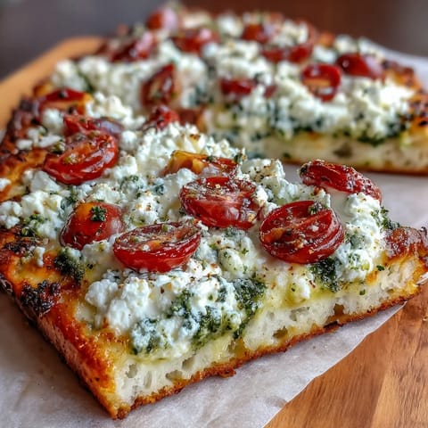 Viral Cottage Cheese Flatbread mit Pesto und Tomate, goldbraun gebacken, servierfertig.