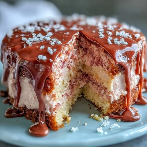 Traumhaftes Rosé-Samtkuchen-Foto mit goldenem Tropfen und Cremefrosting.