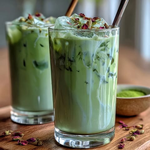 Elegantes Mother's Day Iced Matcha Latte mit cremigem Vanilla Cold Foam.