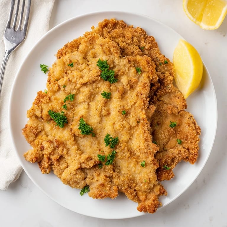 Klassisches Wiener Schnitzel, perfekt knusprig mit feiner Panade und Zitronenscheiben.