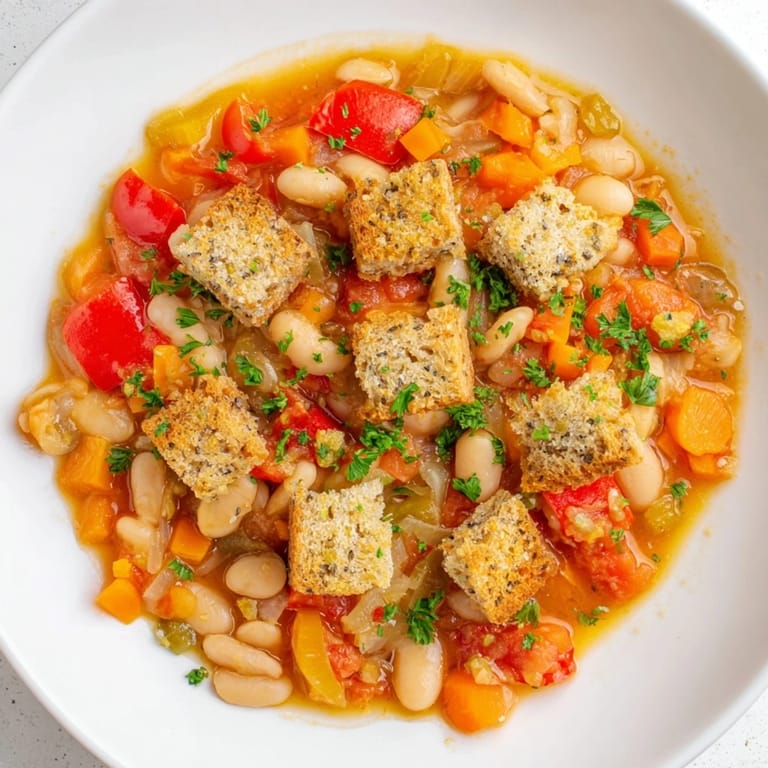 Warm bowl of Rustic German Bean & Tomato Stew, a comforting vegetarian meal perfect for a chilly evening.