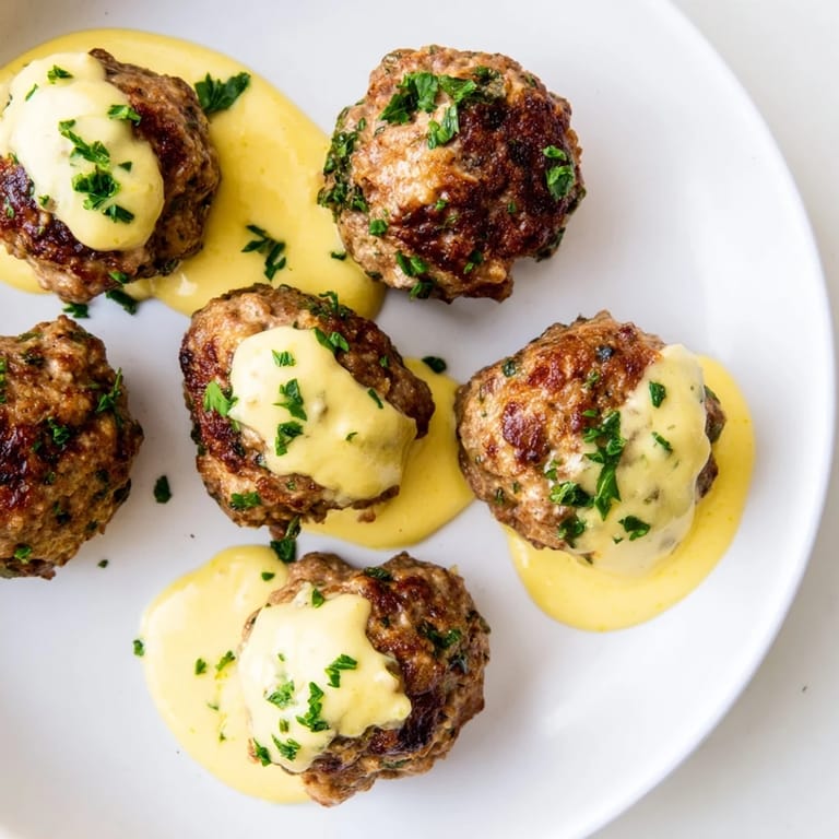 A close-up of delicious Oven-Baked German Meatballs, showing their juicy texture and herby flavor.