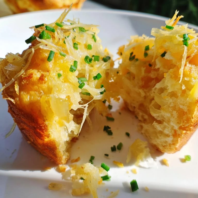 Close-up of freshly baked German Style Savoury Muffins, showcasing a fluffy texture and cheesy topping.
