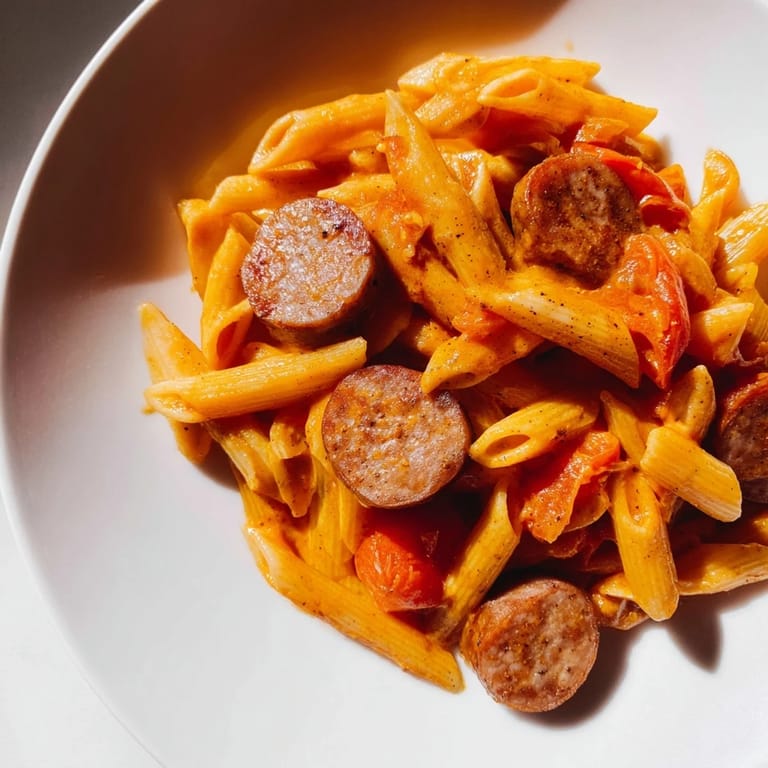 Close-up of golden pasta and sliced sausage in hearty one-pot Currywurst Pasta, ready to serve.