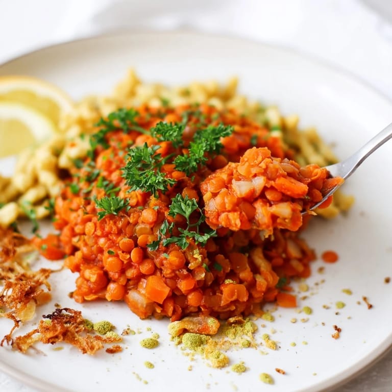 Aromatic Vegan German Dahl & Spätzle Bowl featuring tender spätzle and golden crispy onions.