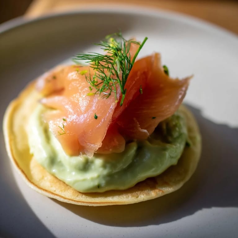 A plate of fresh Quark Blinis with smoked salmon, a classic pairing with creamy avocado.