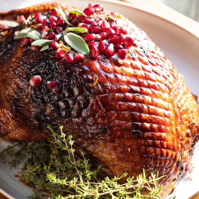 Savory roasted duck breast with vibrant pomegranate reduction, garnished for a beautiful final presentation.