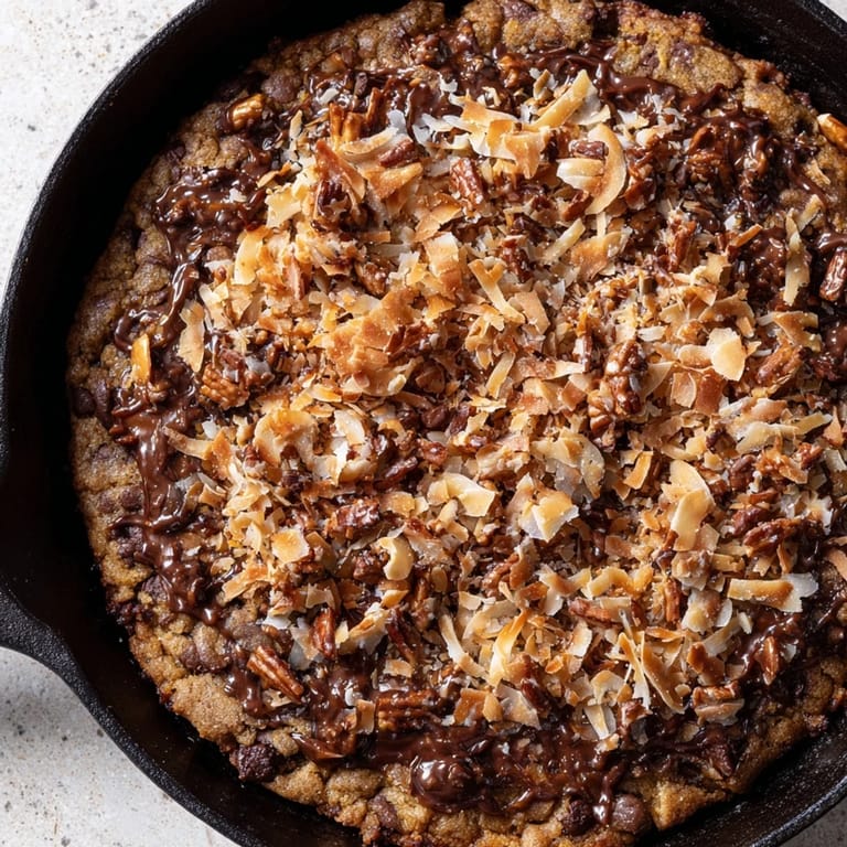 Imagine the rich chocolate scents of this German Chocolate Skillet Cookie topped with coconut pecan.