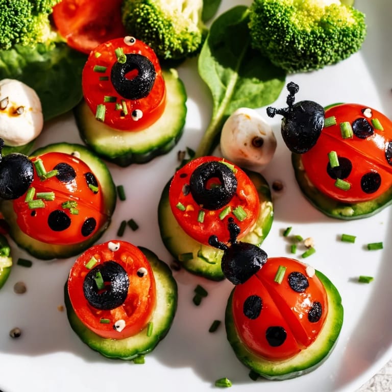 Fresh Ladybug Garden Platter with vibrant tomatoes, olives, and mozzarella, perfect for kids.