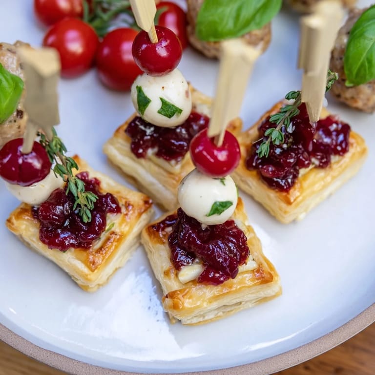 Close-up of the Joy to the World Festive Appetizer Trio, including mini Caprese skewers and meatballs.