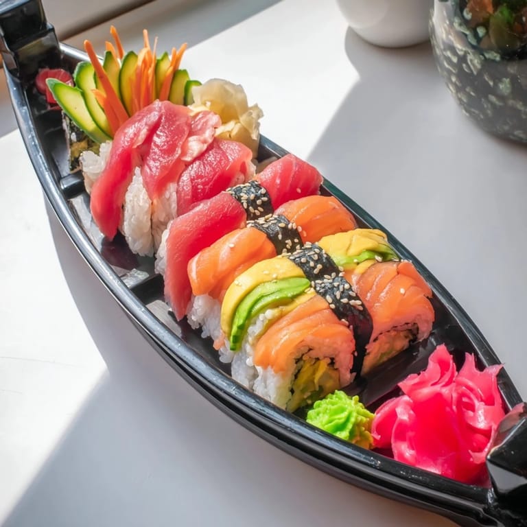 Vibrant Sail Away Boat-Shaped Sushi Platter, showing colorful sushi, perfect for a special, Japanese-style meal.