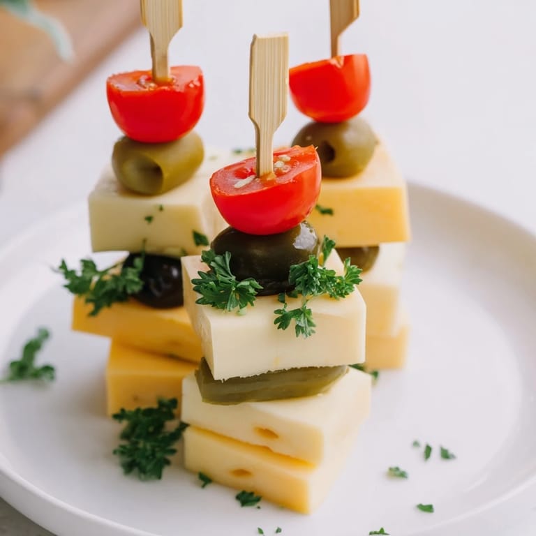 The Festive Cube Cheese Stack is a vibrant appetizer, featuring cheese and garnishes, ready to eat.