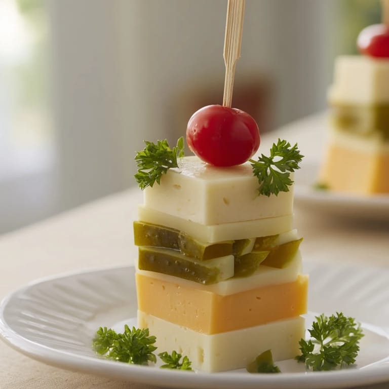 Enjoy the visually stunning Festive Cube Cheese Stack, alternating cheeses with olives and pickles for serving.