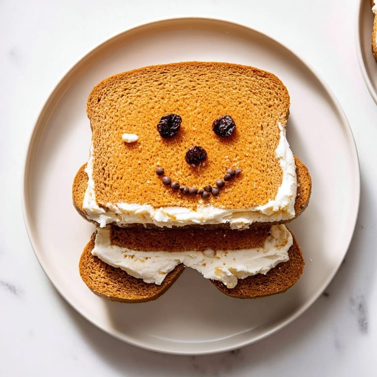 Yummy Gingerbread Man Sandwich cutouts, filled with cream cheese and fruity decorations; a sweet treat.