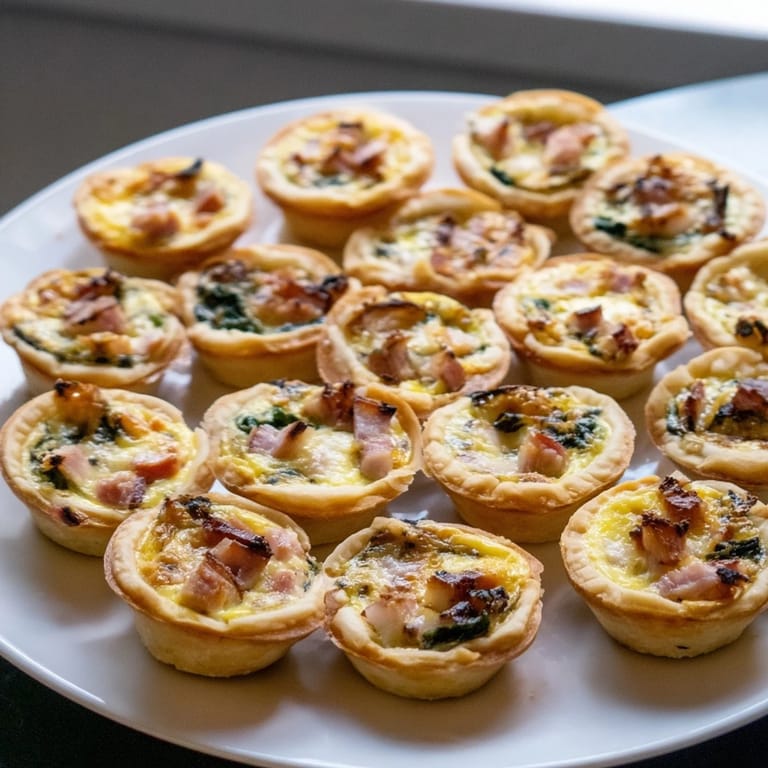 Delicious mini quiches on holiday village board, ready to be enjoyed with flavorful toppings.