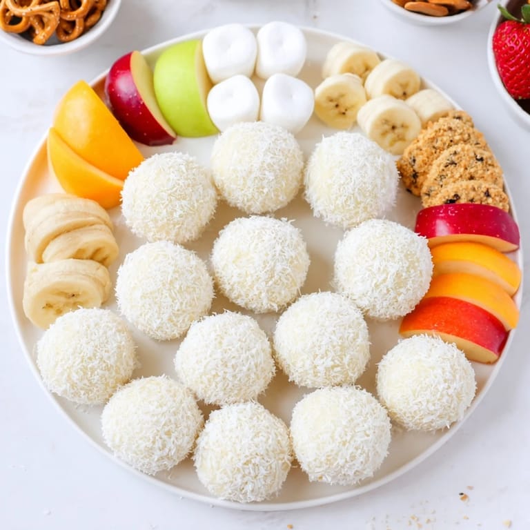 Festive marshmallow snowball dip, a perfect dessert, served with colorful fruit and sweet treats ready to enjoy.