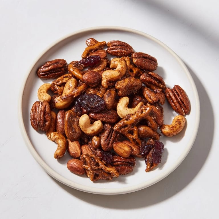 A close-up of a Sweet and Salty Holiday Nut Bowl: a perfect mix for holiday snacking.