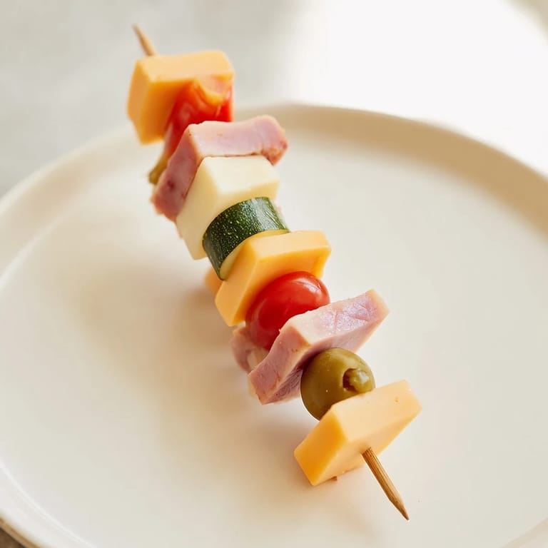 Appetizing Meat, Cheese, and Pickle Cube Skewers, a delightful appetizer presentation, perfect to serve.