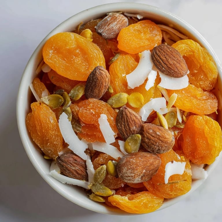 Close-up of the easy Fruit & Nut: Almonds and Dried Apricots Simple Pile recipe with optional coconut and pumpkin seeds.