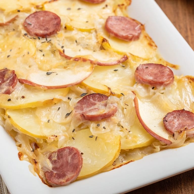 Bubbling Sauerkraut Casserole with layers of savory sausage, potatoes, and sweet maple-glazed apples.