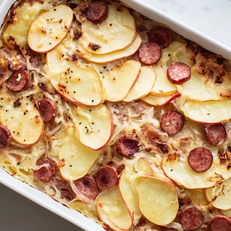 A close-up view of a hearty Sauerkraut Casserole, topped with melted cheese and fresh apples.