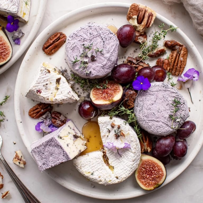 A beautiful The Lavender Haze cheese board showcasing soft cheeses with fruit and crunchy, candied nuts.