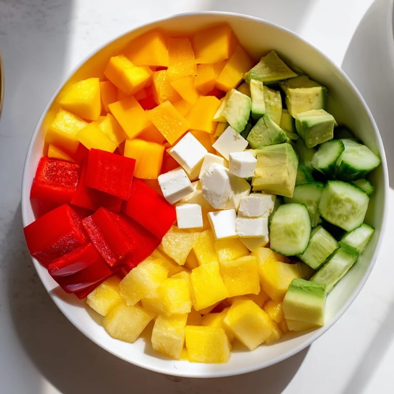 Vibrant, geometric Cube Geometry Study salad, showcasing colorful cubes of fruits, vegetables, and feta cheese.