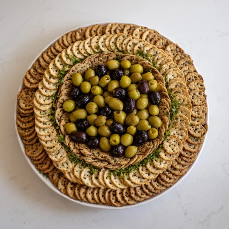 A delightful Roman Colosseum snack platter: Round crackers form the arena, topped by savory black olive gladiators.
