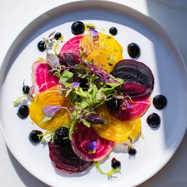 Dark blackberries and olives create shadows on a The Shadow Play vegetarian appetizer.