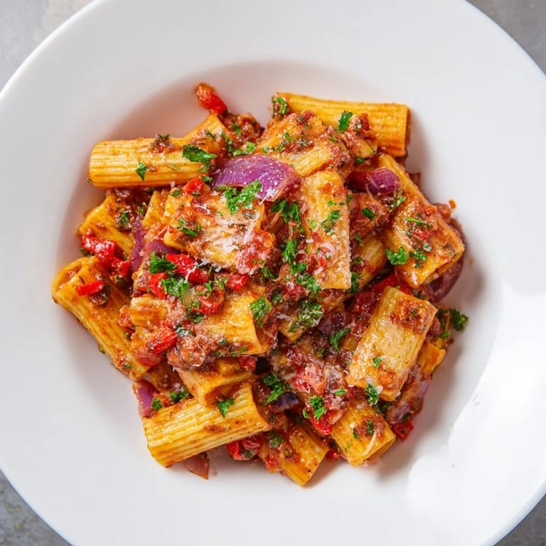 A close-up of delicious One-Pot Diavola Spicy Pasta, with Parmesan cheese and fresh herbs as a garnish.