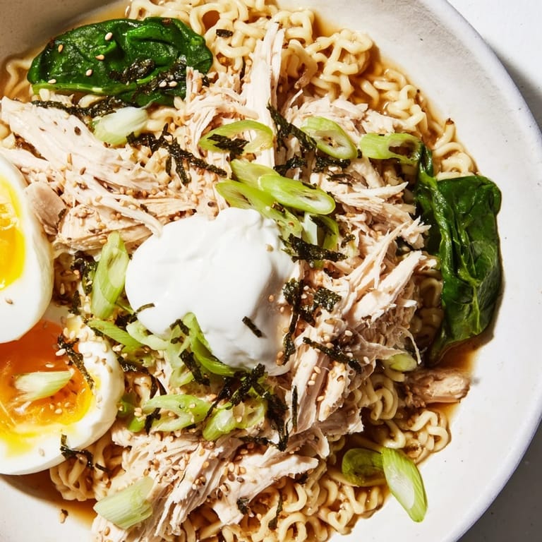 A close-up of savory Chicken Ramen, with tender chicken, spinach, and a swirl of creamy Kewpie for flavor.