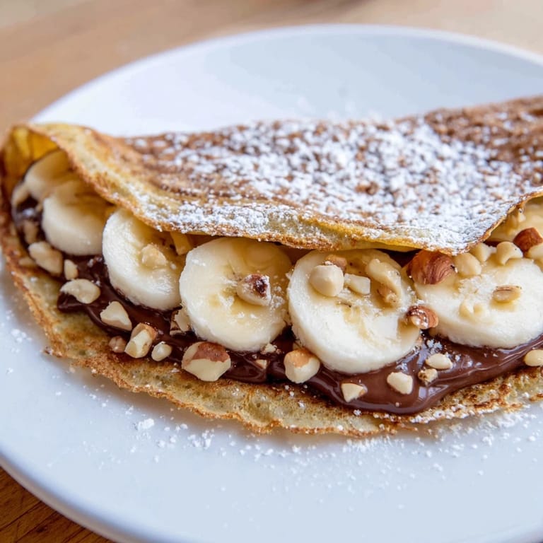 A folded Banana Nutella Wrap, showcasing banana slices with oozing Nutella on a white plate.