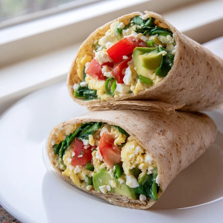 Savory feta egg wrap, a Mediterranean-inspired breakfast, packed with protein and colorful vegetables.