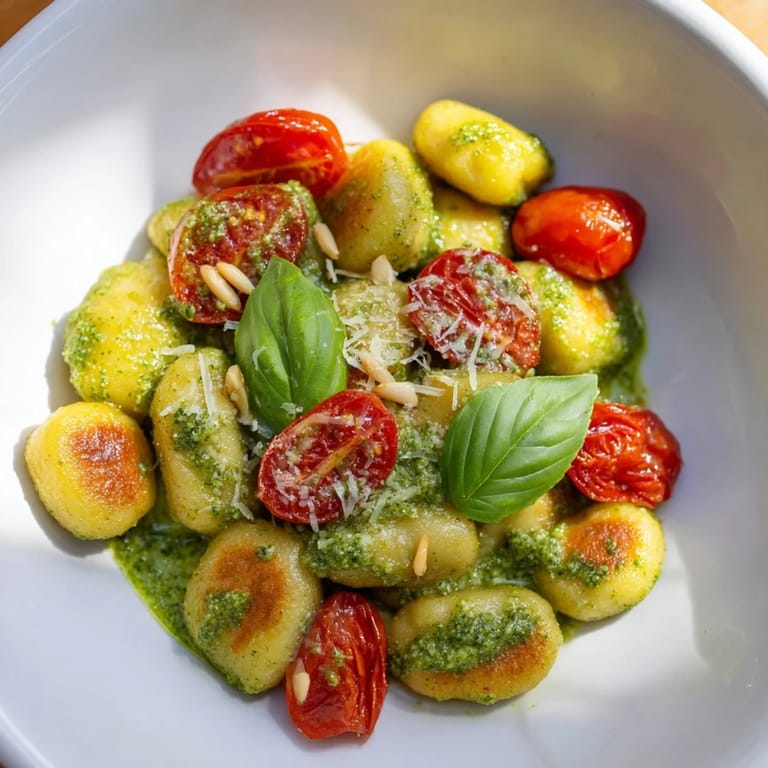 Golden, crispy gnocchi coated in pesto, a quick and easy Crispy Gnocchi with Pesto recipe, ready to eat.