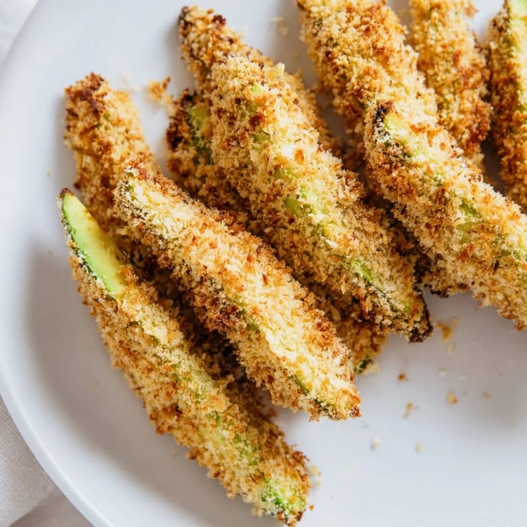 Close-up of golden brown, oven-baked avocado fries, perfectly crisp, plated with a lemon wedge.