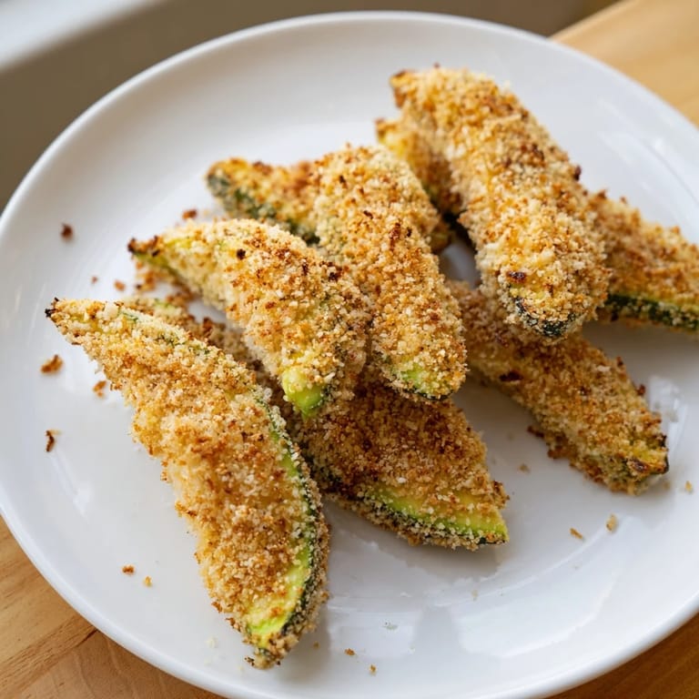 Freshly baked avocado fries, featuring a crunchy panko crust, ideal for a tasty snack.