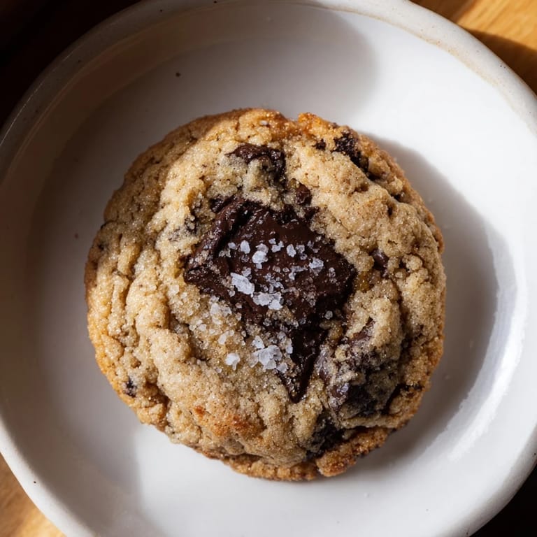 Warm, freshly baked Miso Brown Butter Cookies, speckled with bits of dark chocolate, offer a perfect sweet-salty bite.