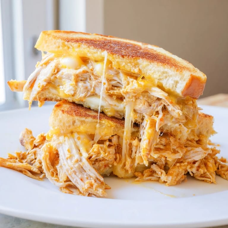 A delicious, cheesy Chili Crisp Honey Chicken Grilled Cheese, oozing with melted mozzarella and cheddar.