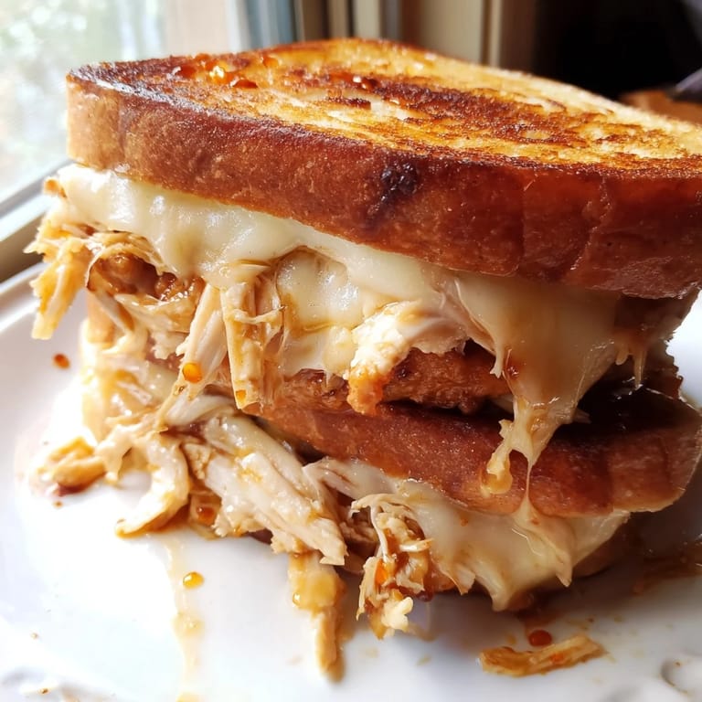This recipe photo shows a close-up of a perfectly grilled Chili Crisp Honey Chicken Grilled Cheese sandwich.