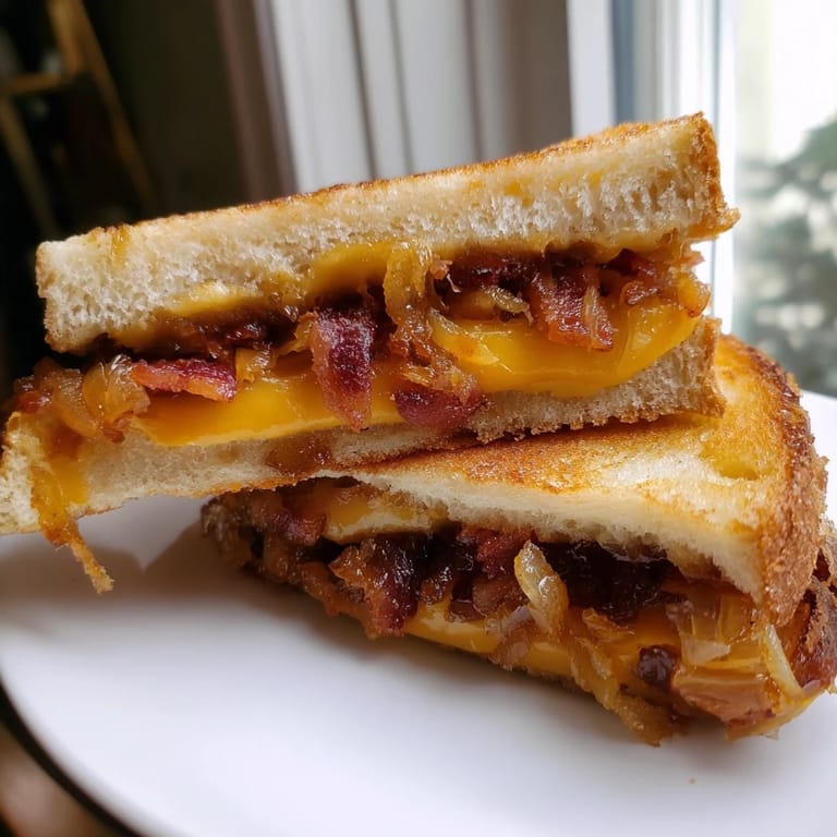 Close-up of a Bacon Jam Grilled Cheese, with crispy bread surrounding bubbling, gooey cheese and jam.