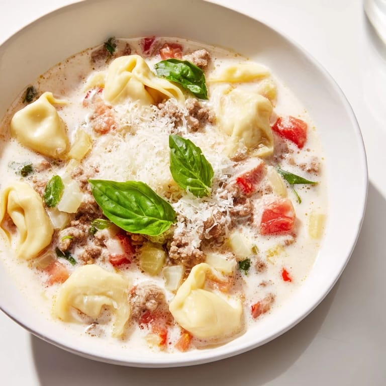 Hearty and flavorful, serving of Tortellini Beef Soup with Parmesan cheese, Italian-American classic.